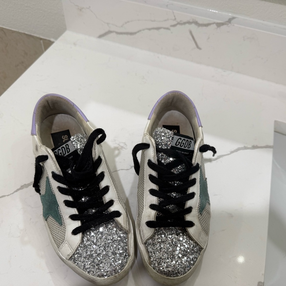 Golden Goose Silver Glitter and Teal Star Sneakers
